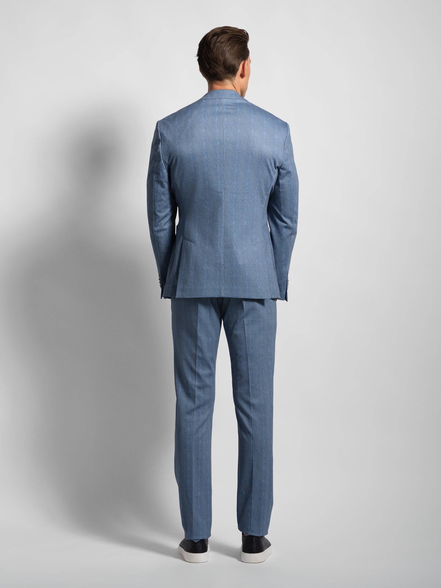 Blue Prince de Galles stretch cotton jersey blue fabric close-up
