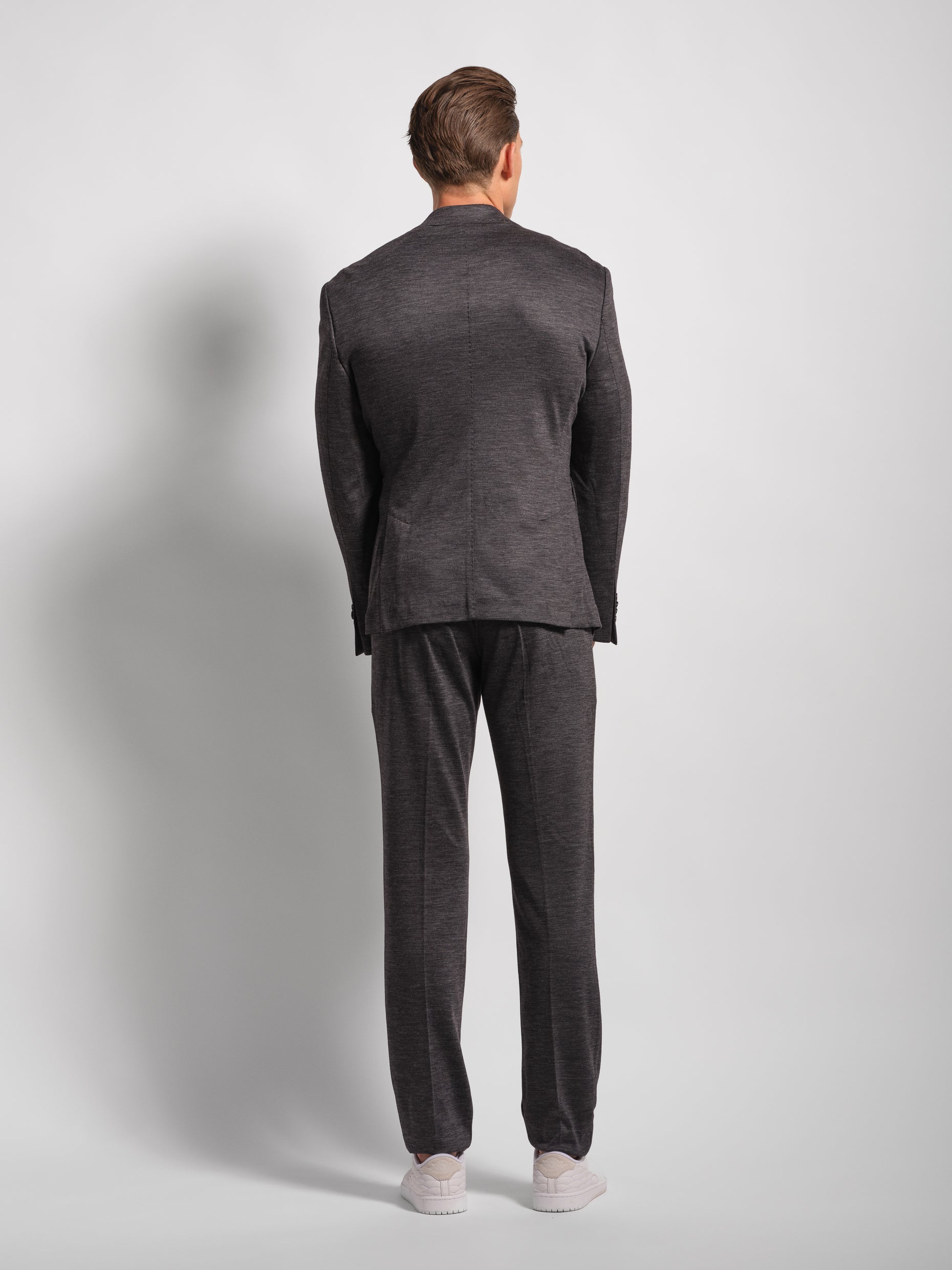 Back view Charcoal grey jersey stretch suit front view