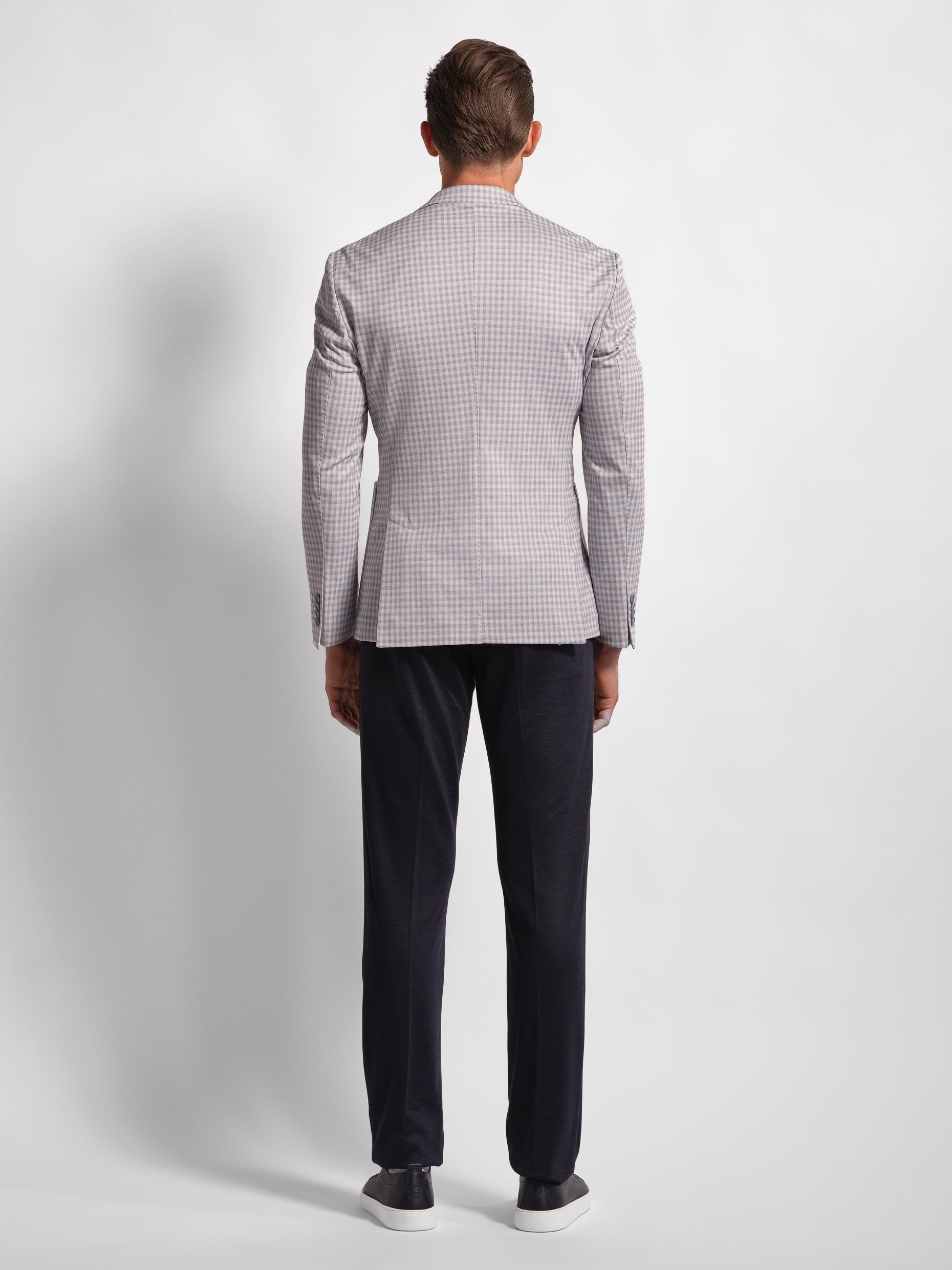 Back View Light blue small multi-check jersey blazer jacket