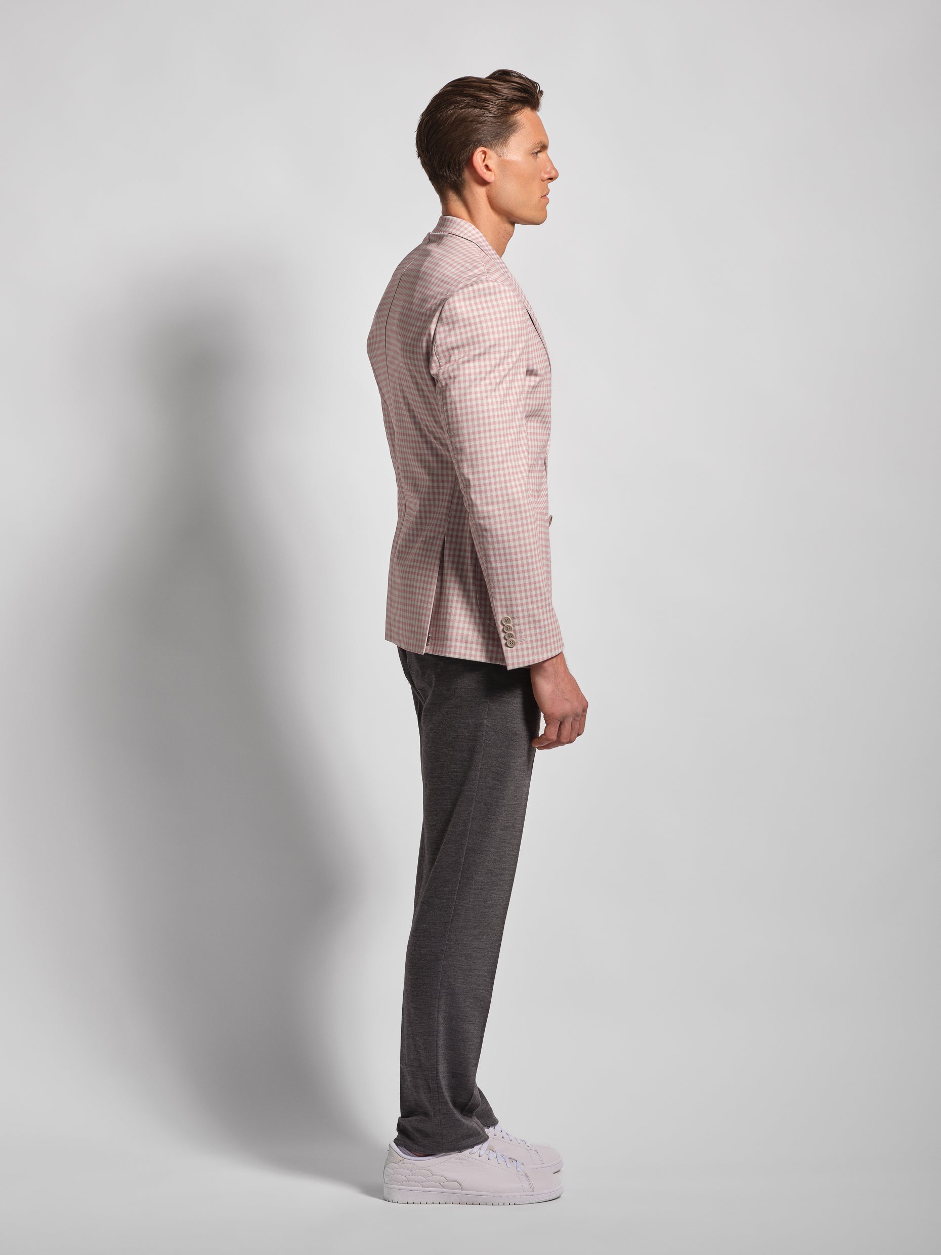 Pink small multi-check stretch cotton blend jersey side view "man wears sheep"
