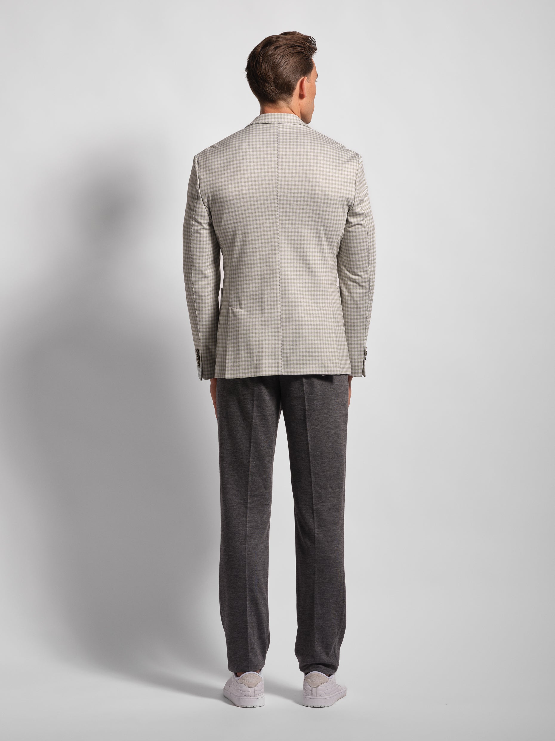 back view green small multi-check stretch jersey blazer grey jersey pants