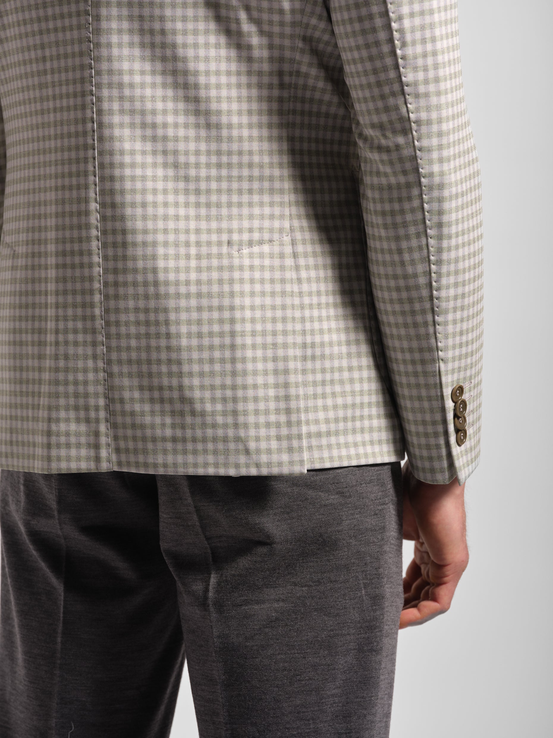 back view double vents green small multi-check stretch cotton blend jersey blazer