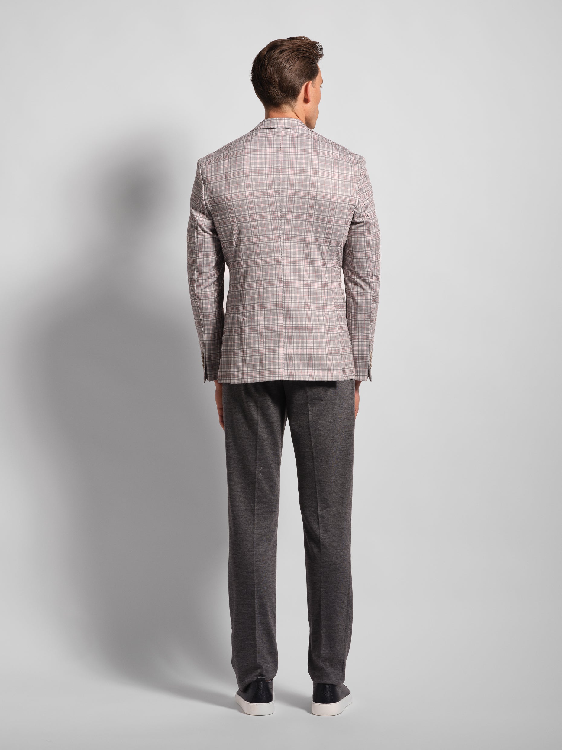 Back vents on grey check multi-colored jersey jacket double vents