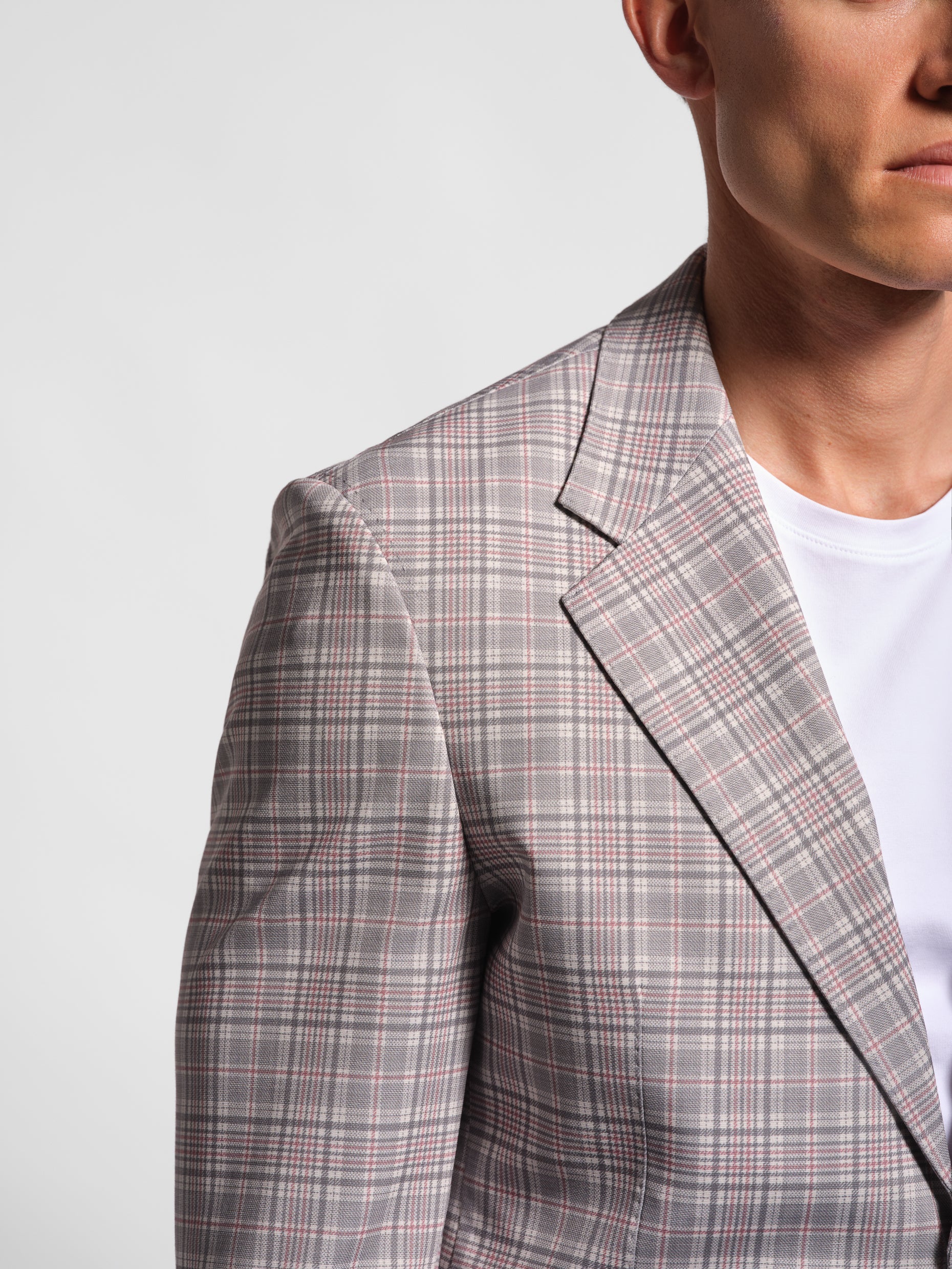 close up grey check multi-colored jersey blazer wide lapel
