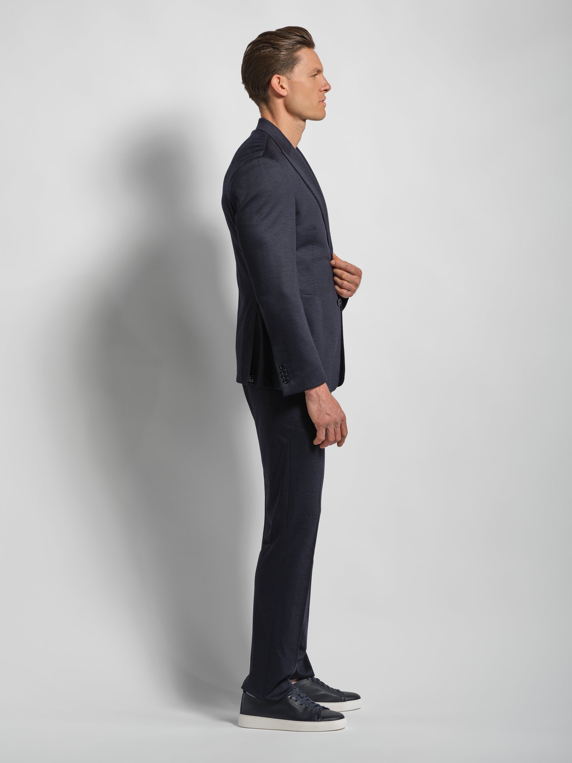 Navy jersey stretch suit front view 