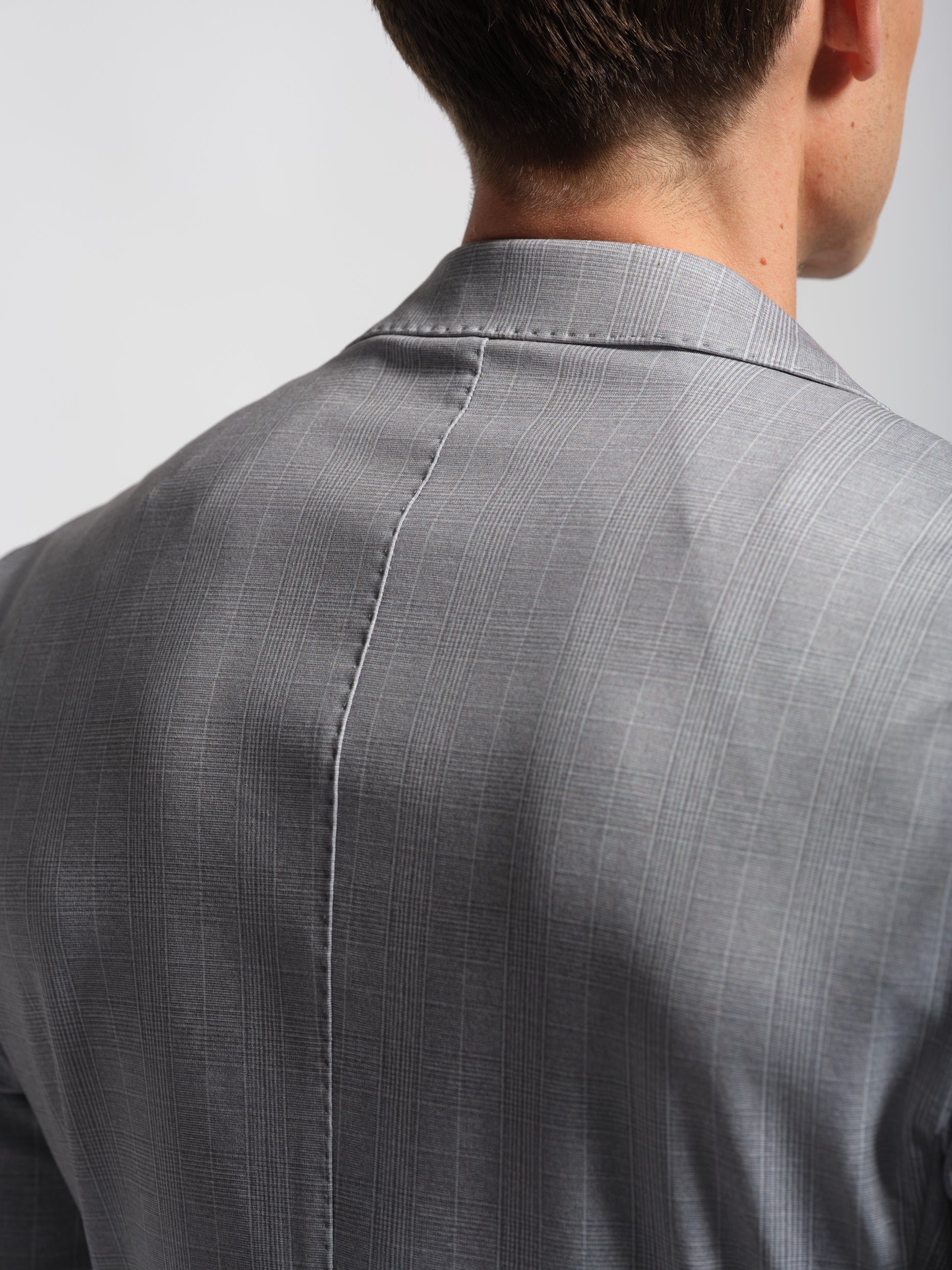 Gray check jersey suit jacket back with top stitch