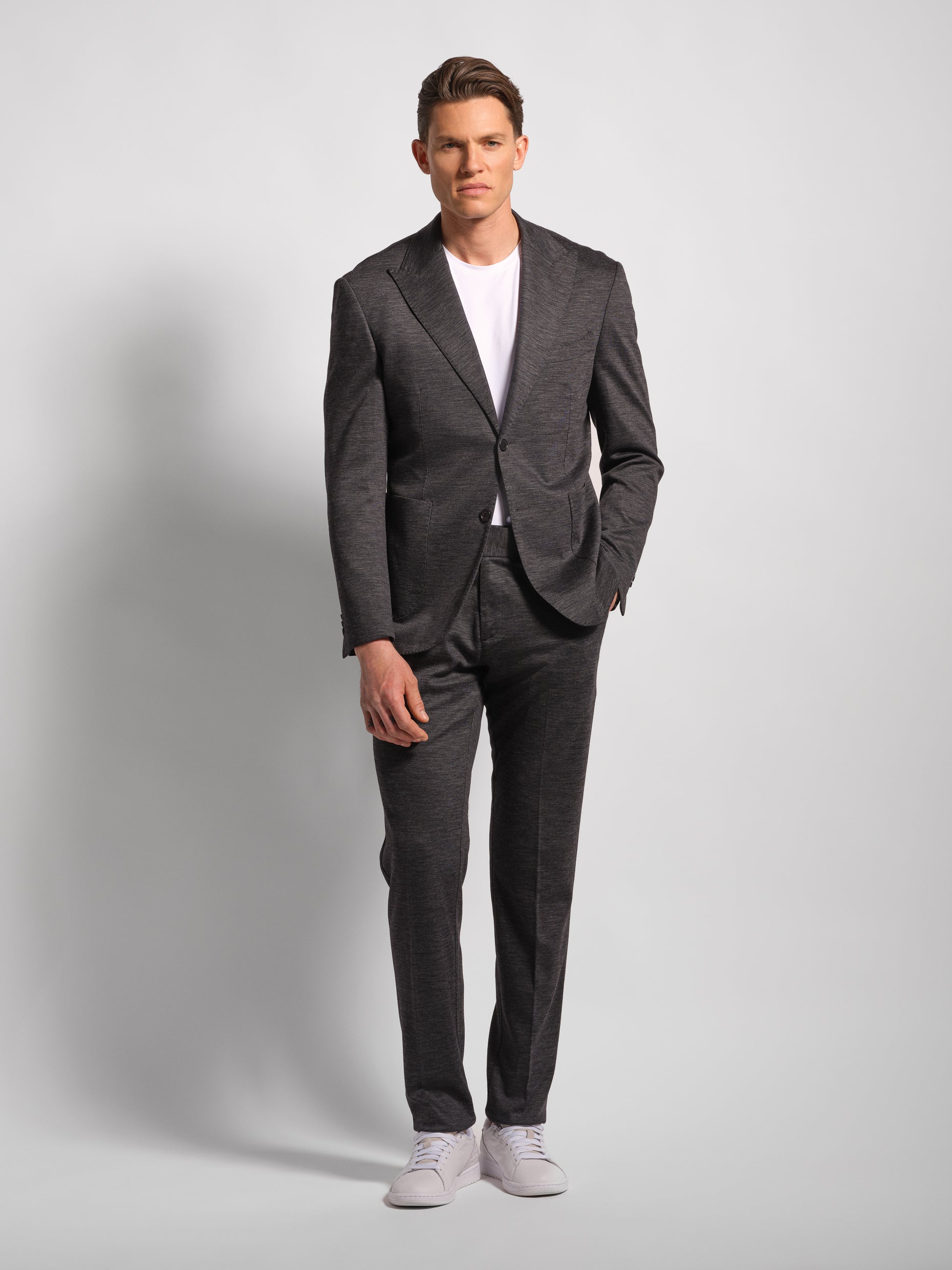Charcoal grey jersey stretch suit front view 