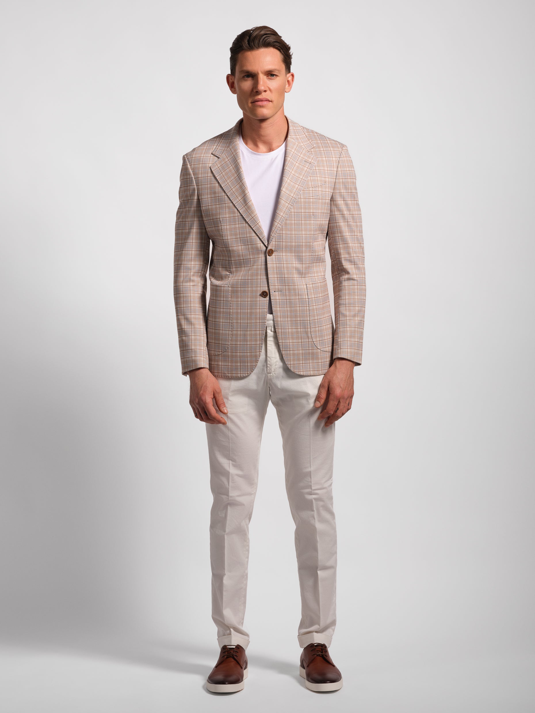 Wide check multi-colored jersey blazer wide notch lapel and white pants