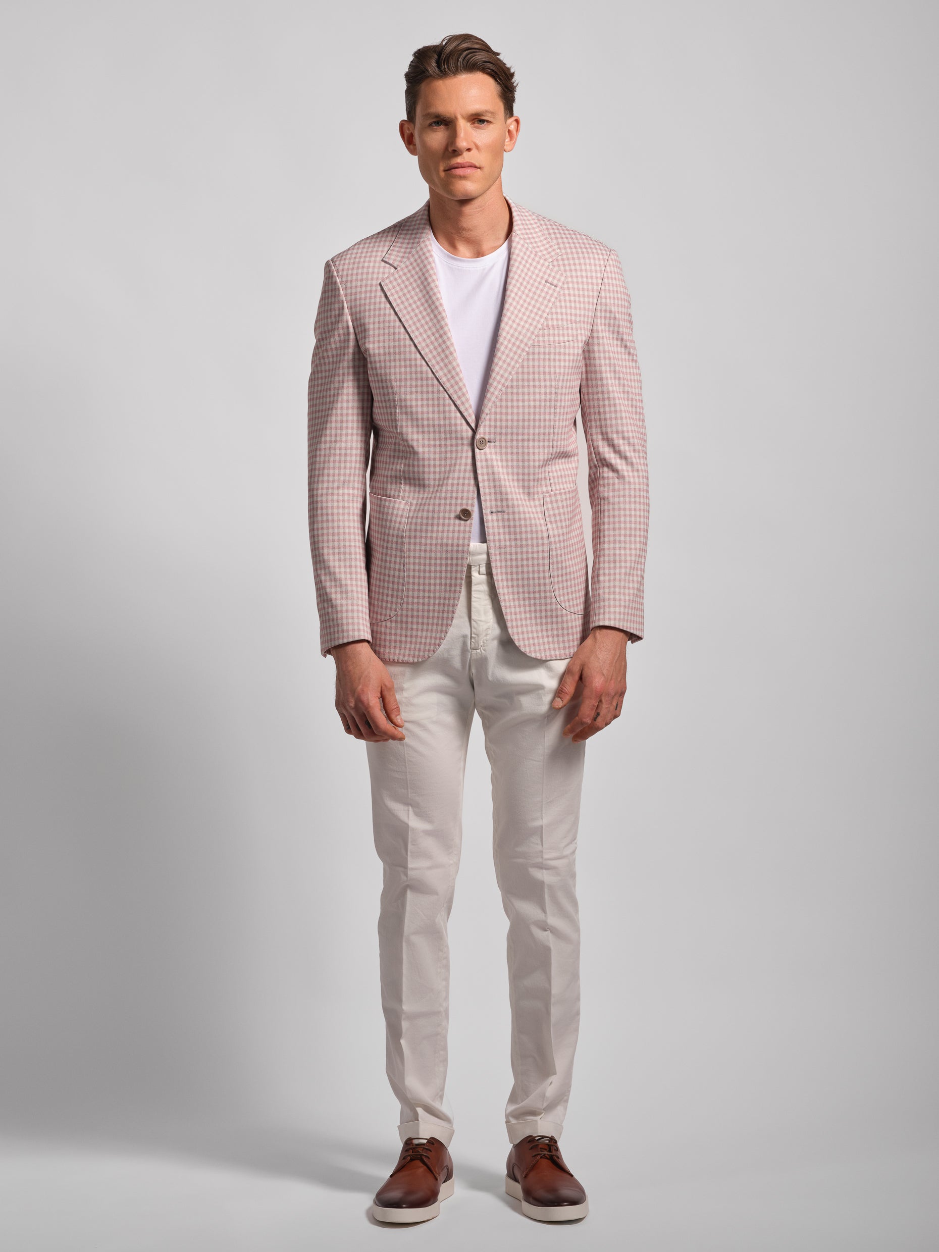 Pink small multi-check stretch cotton blend jersey blazer jacket 