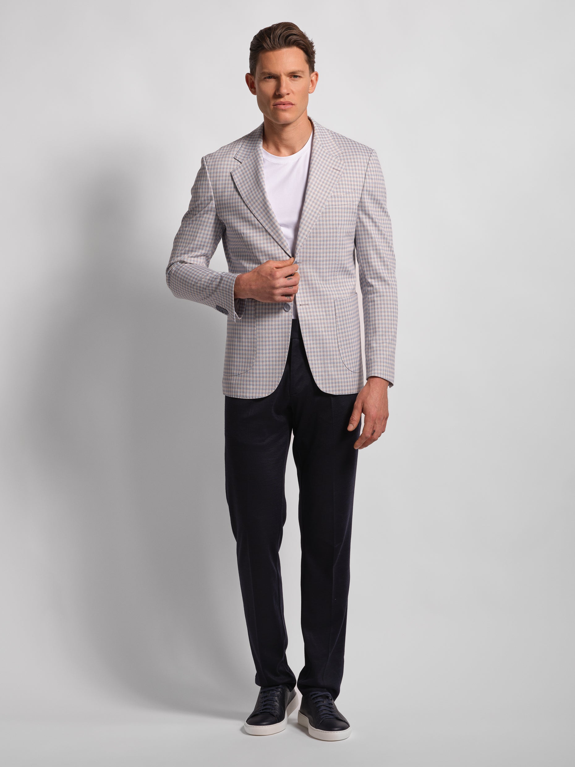 Light blue small multi-check jersey blazer front view 