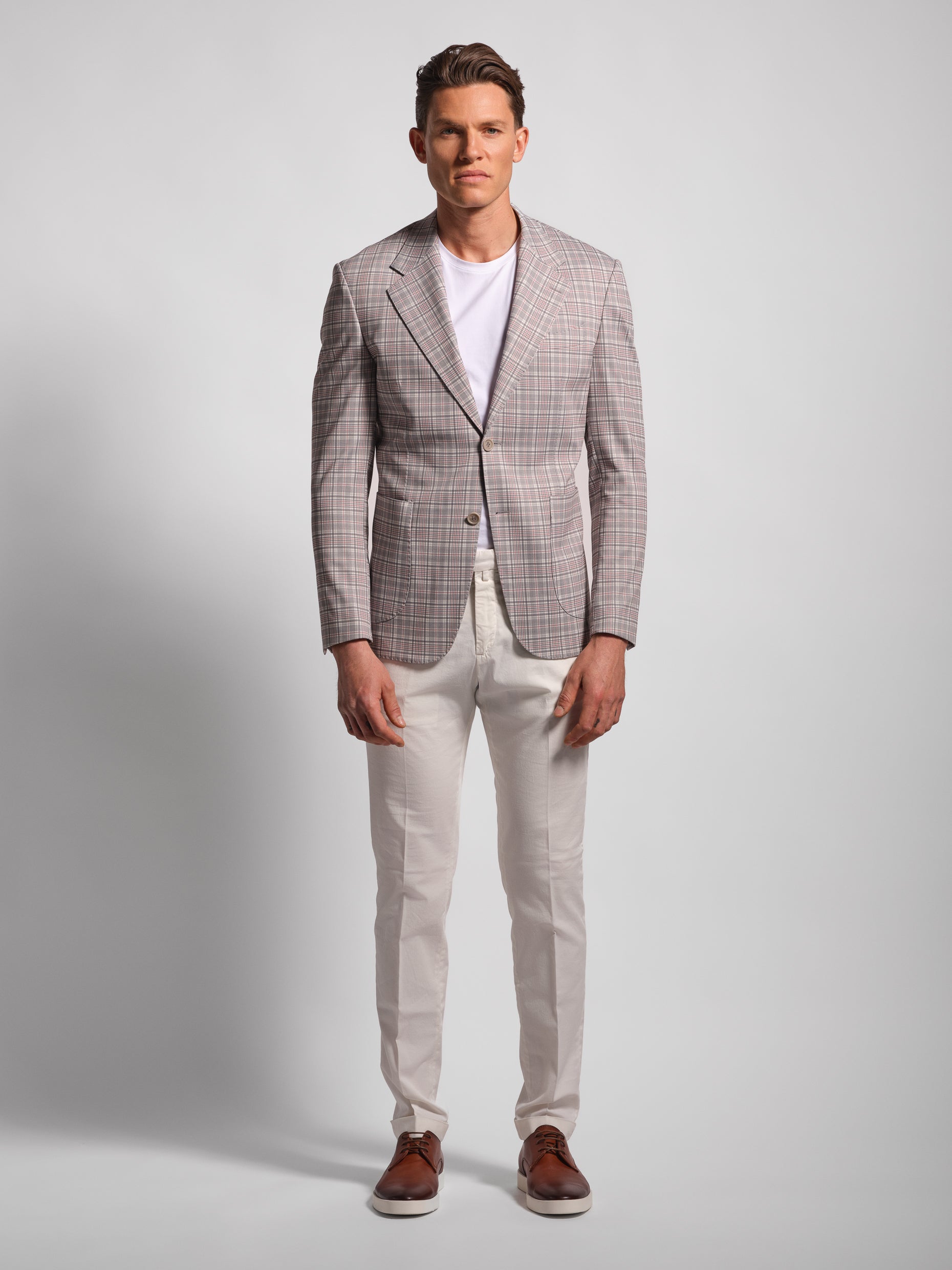 Wide grey check multi-colored jersey blazer front view