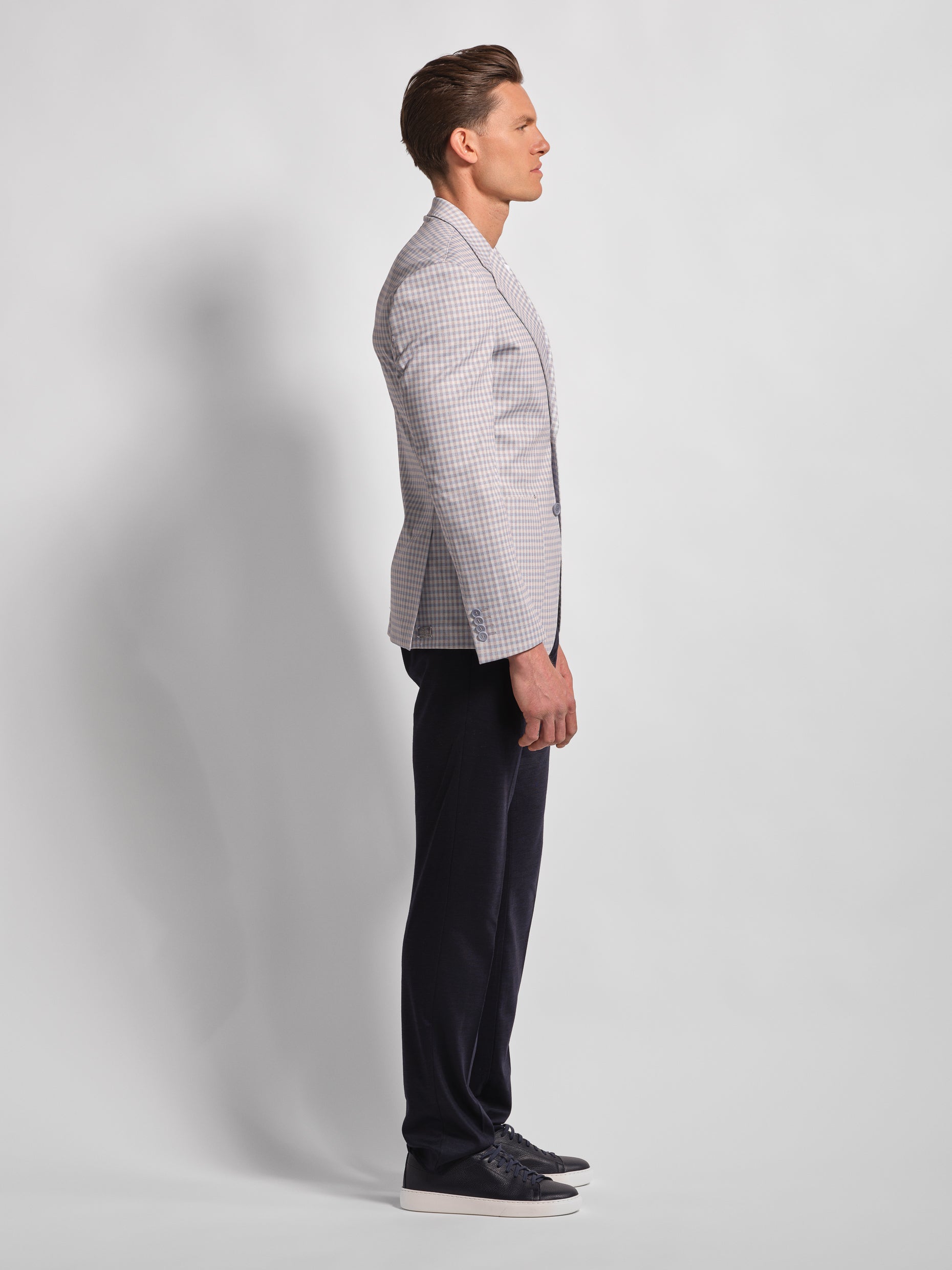 Profile view Light blue small multi-check jersey Jacket 