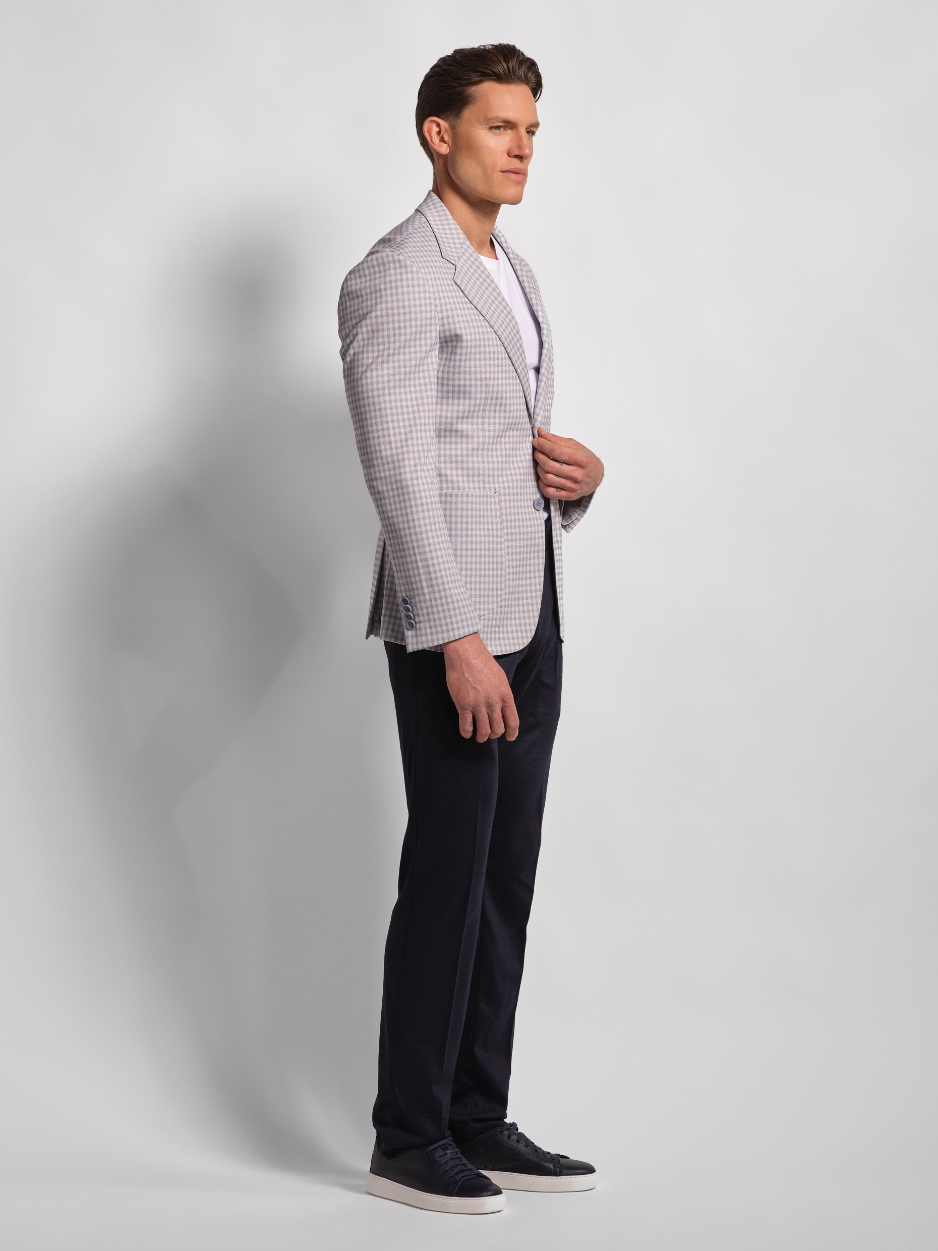 Light blue small multi-check jersey blazer wide lapel manwearssheep