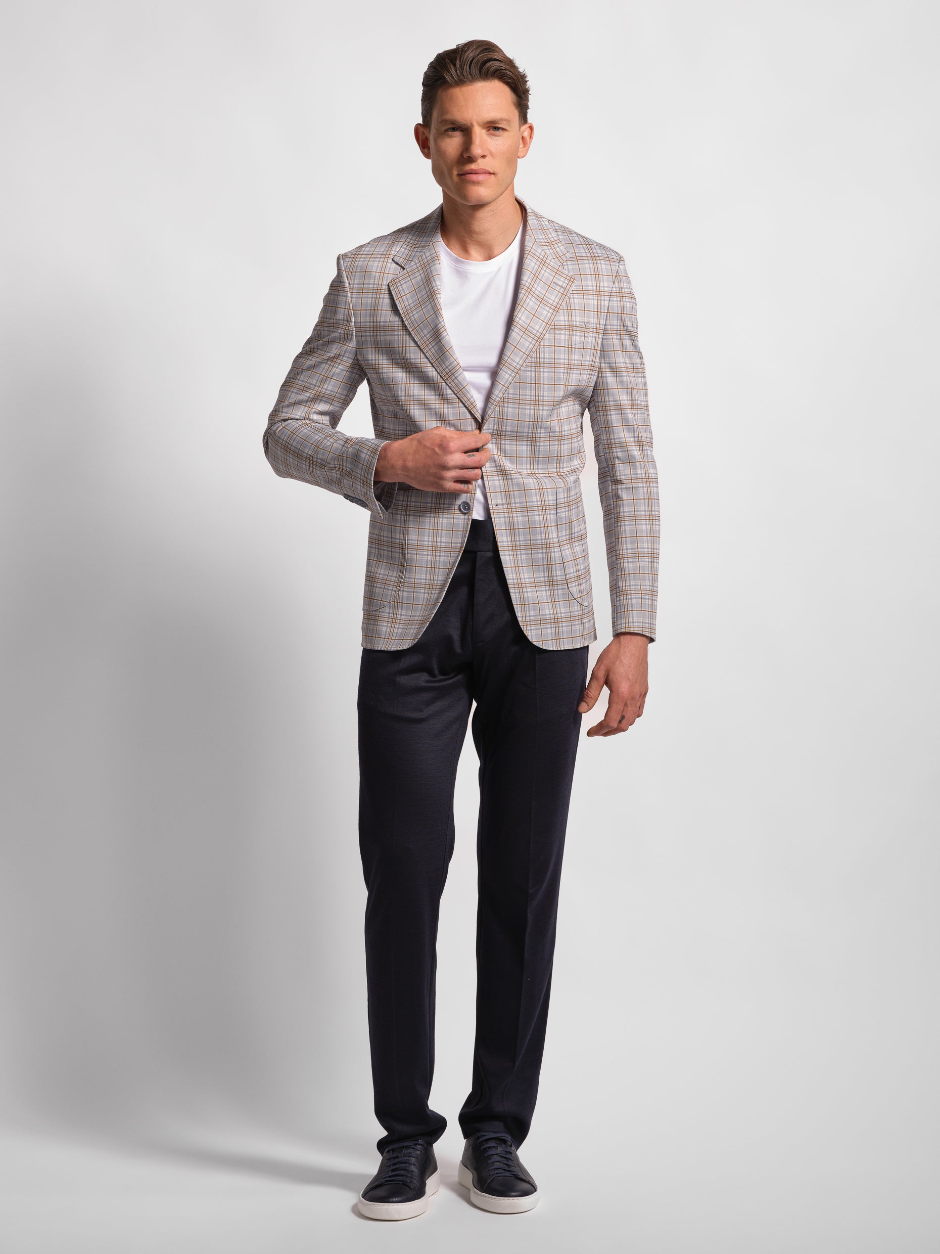 Wide check multi-colored jersey blazer front view