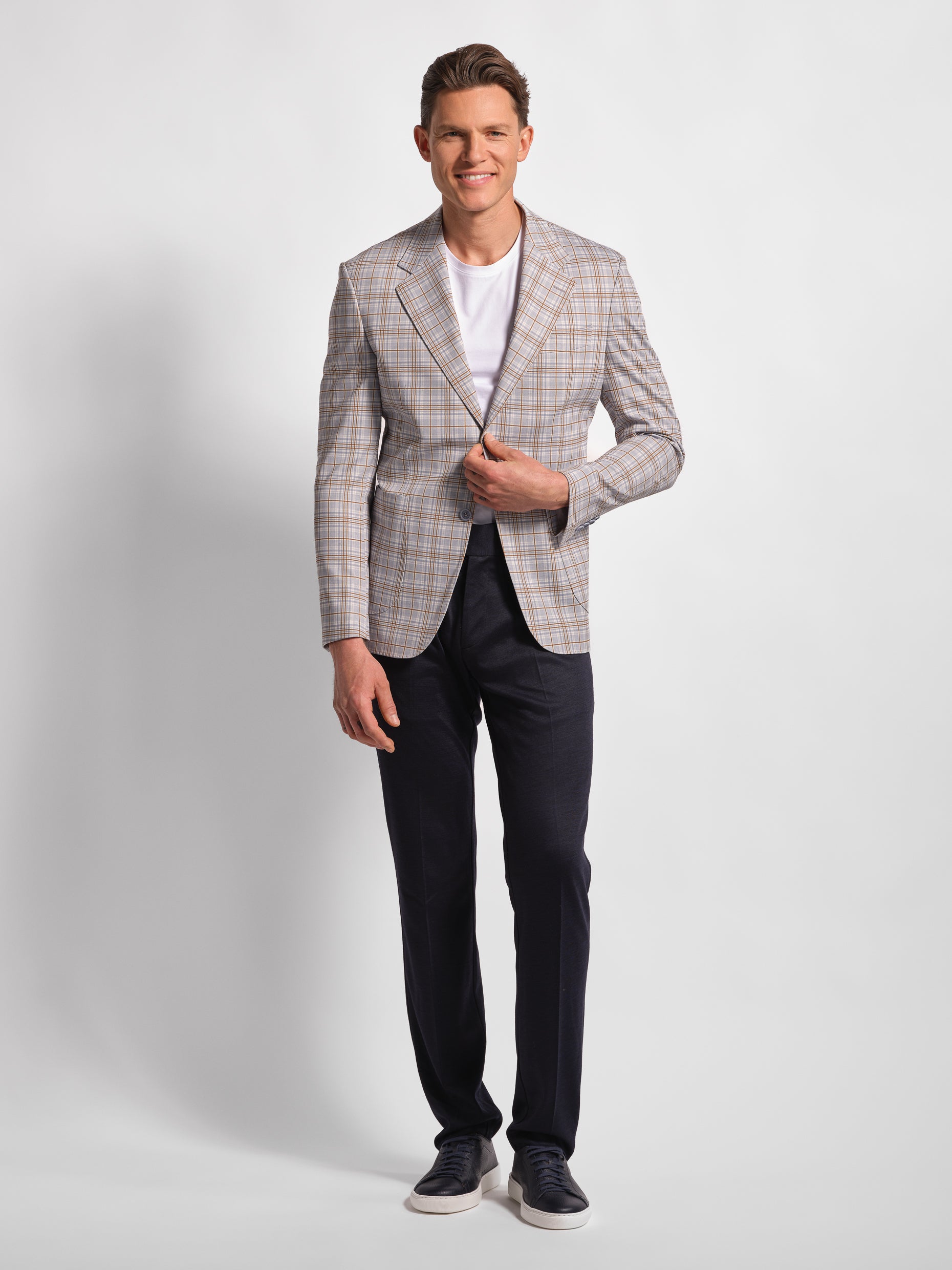 Wide check multi-colored jersey blazer front view with wide notch