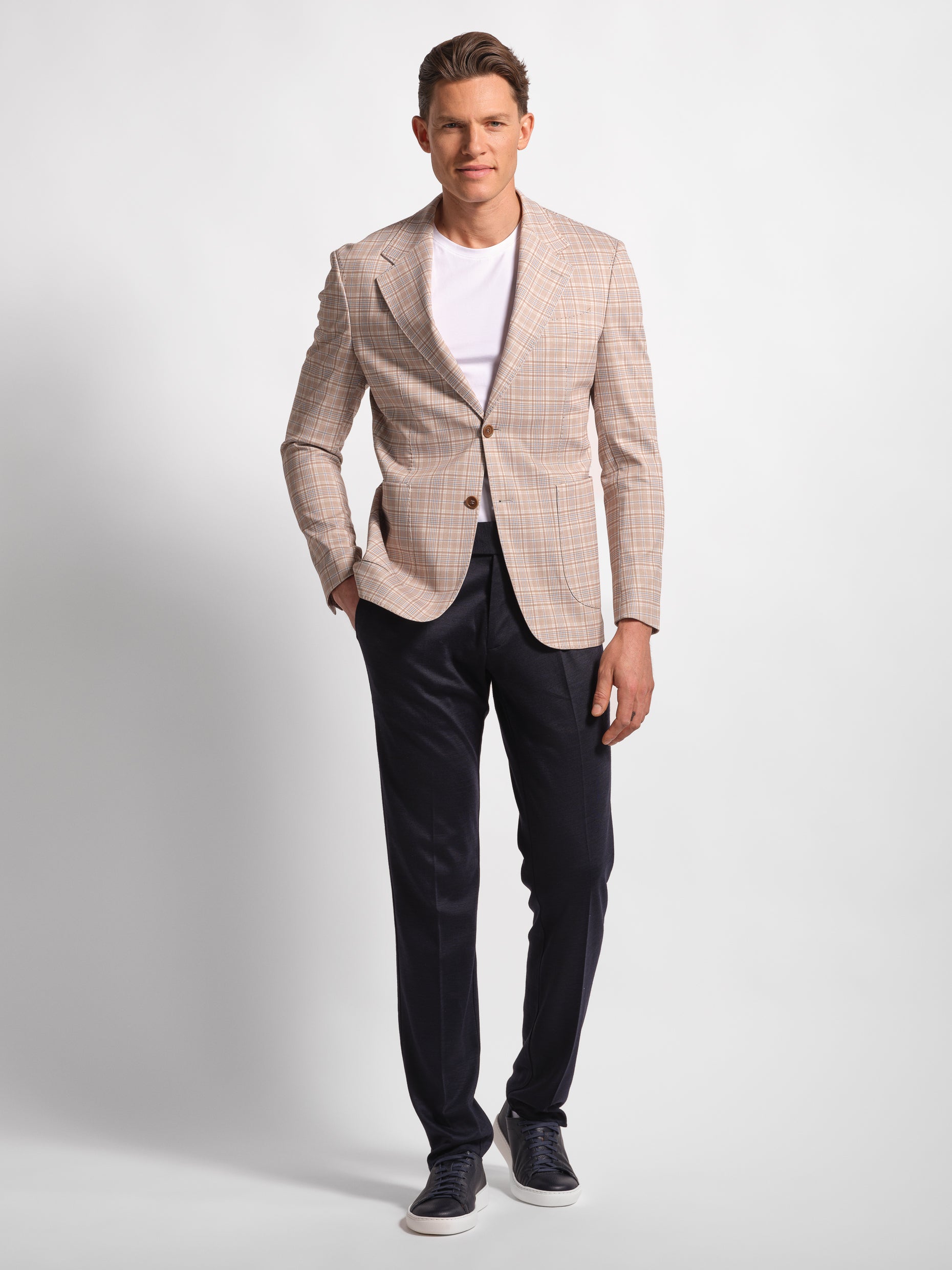 Wide check multi-colored jersey blazer front view