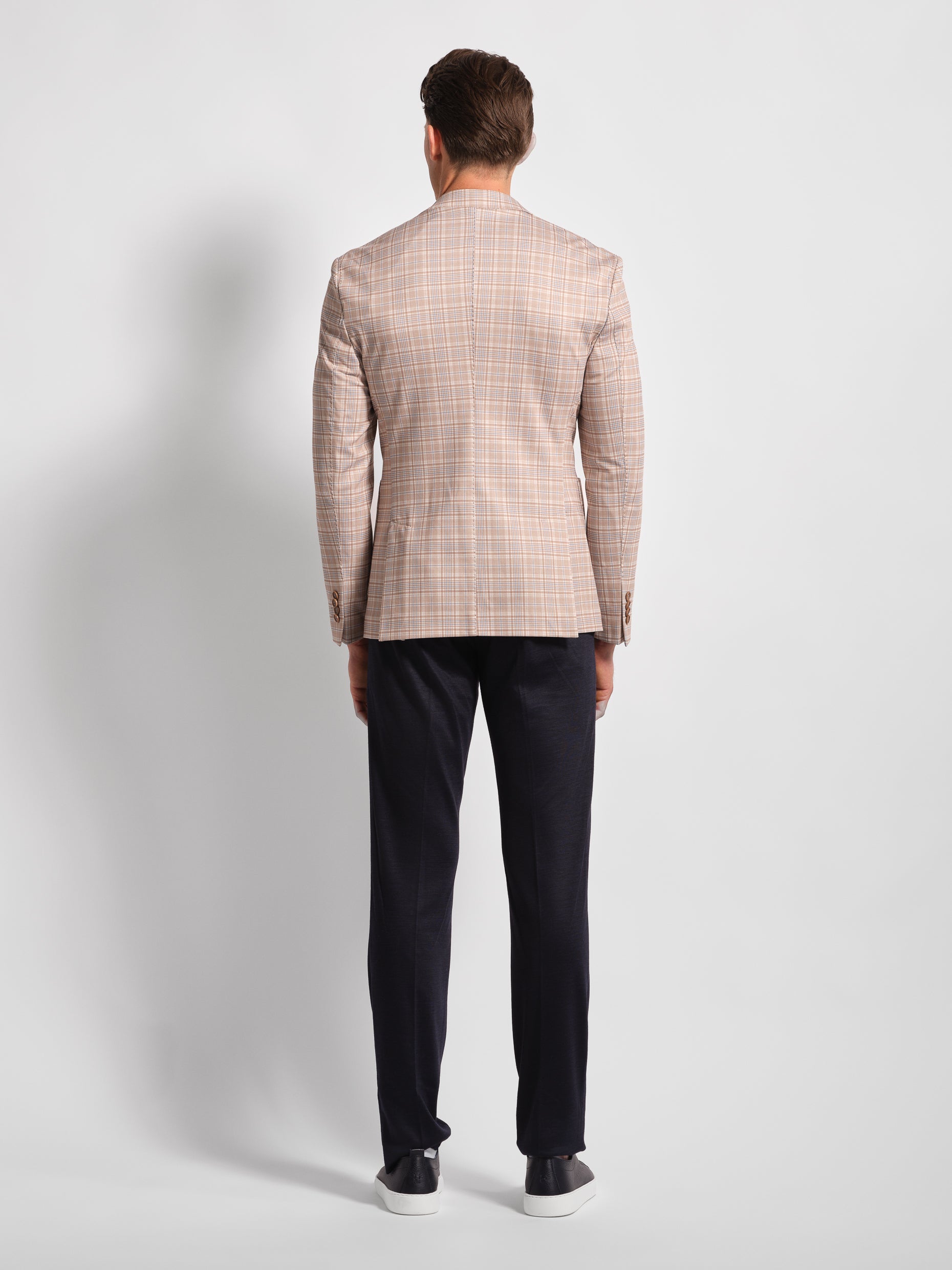 Back view wide check multi-colored jersey with top stitch