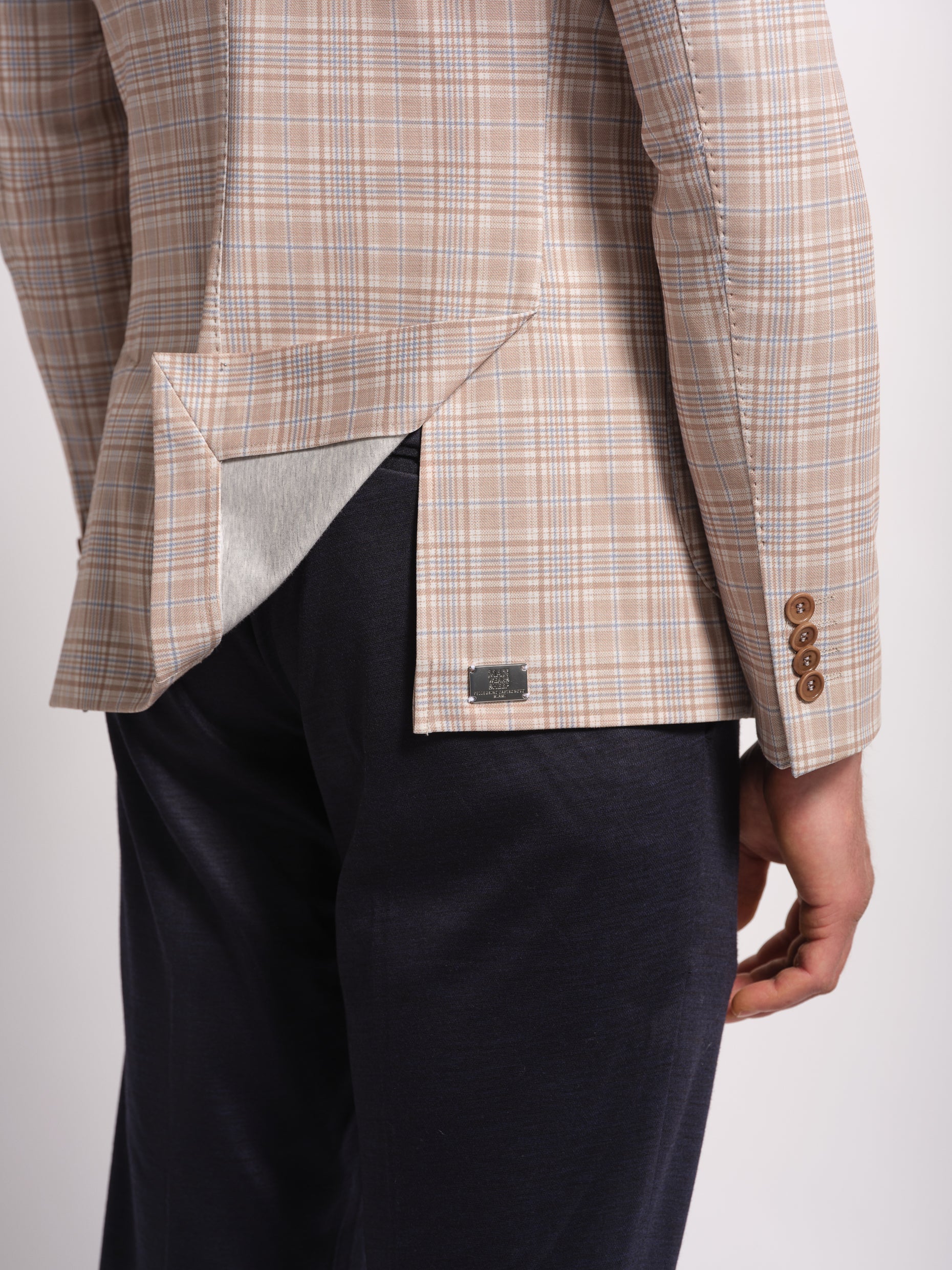 Wide check multi-colored jersey blazer side vents with metal logo