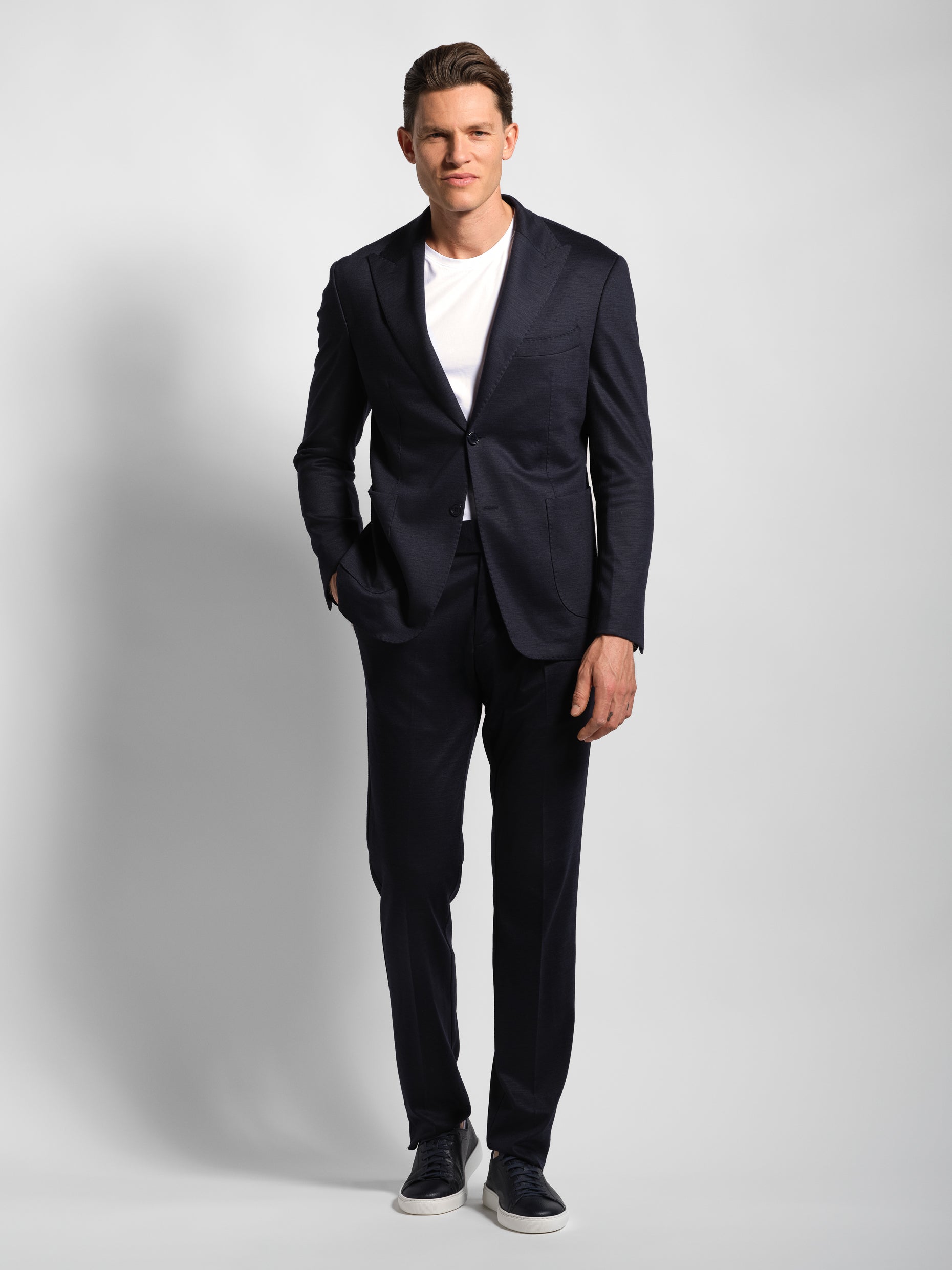 Navy jersey stretch suit front view 