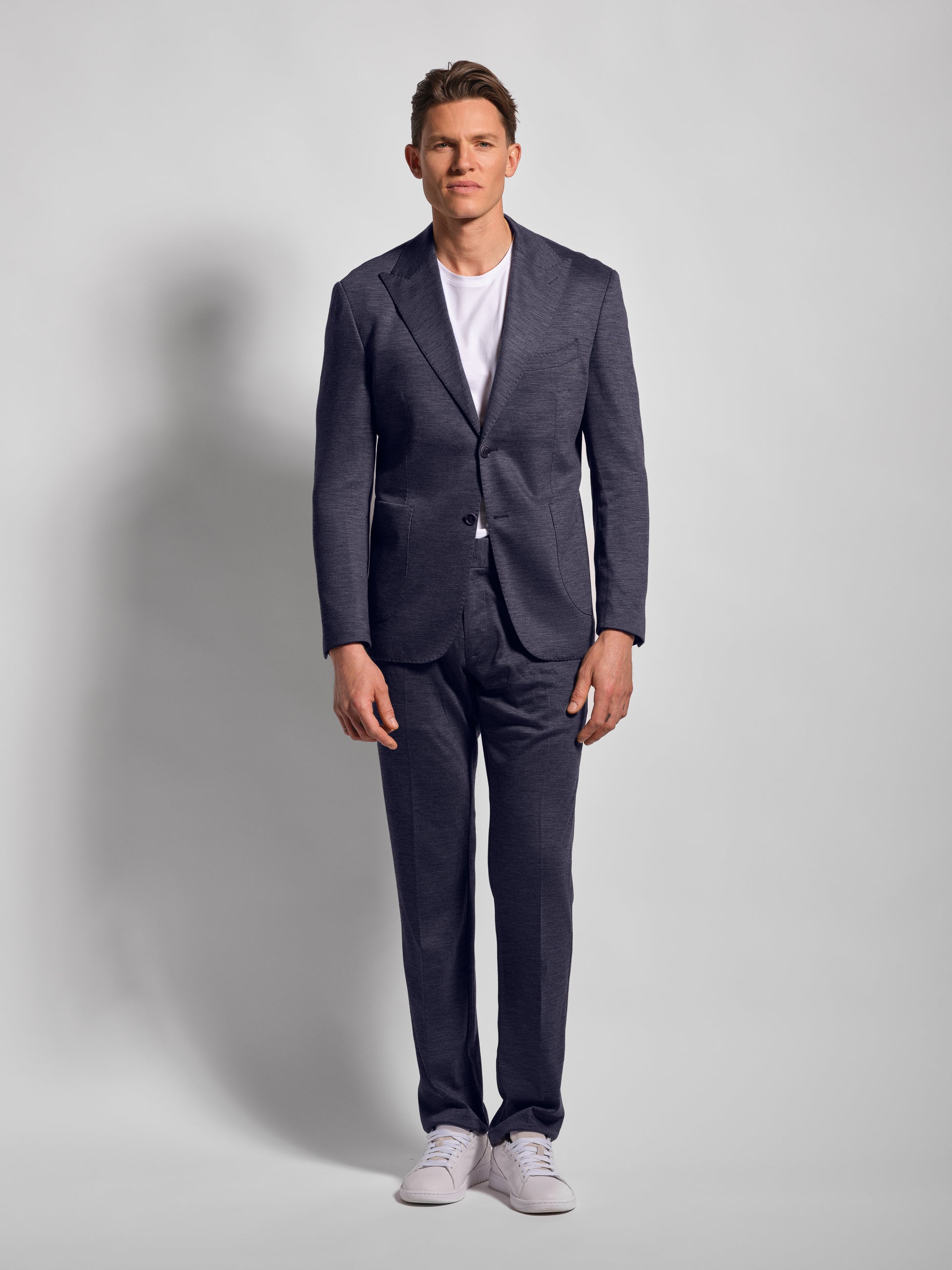 Blue jersey stretch suit front view 