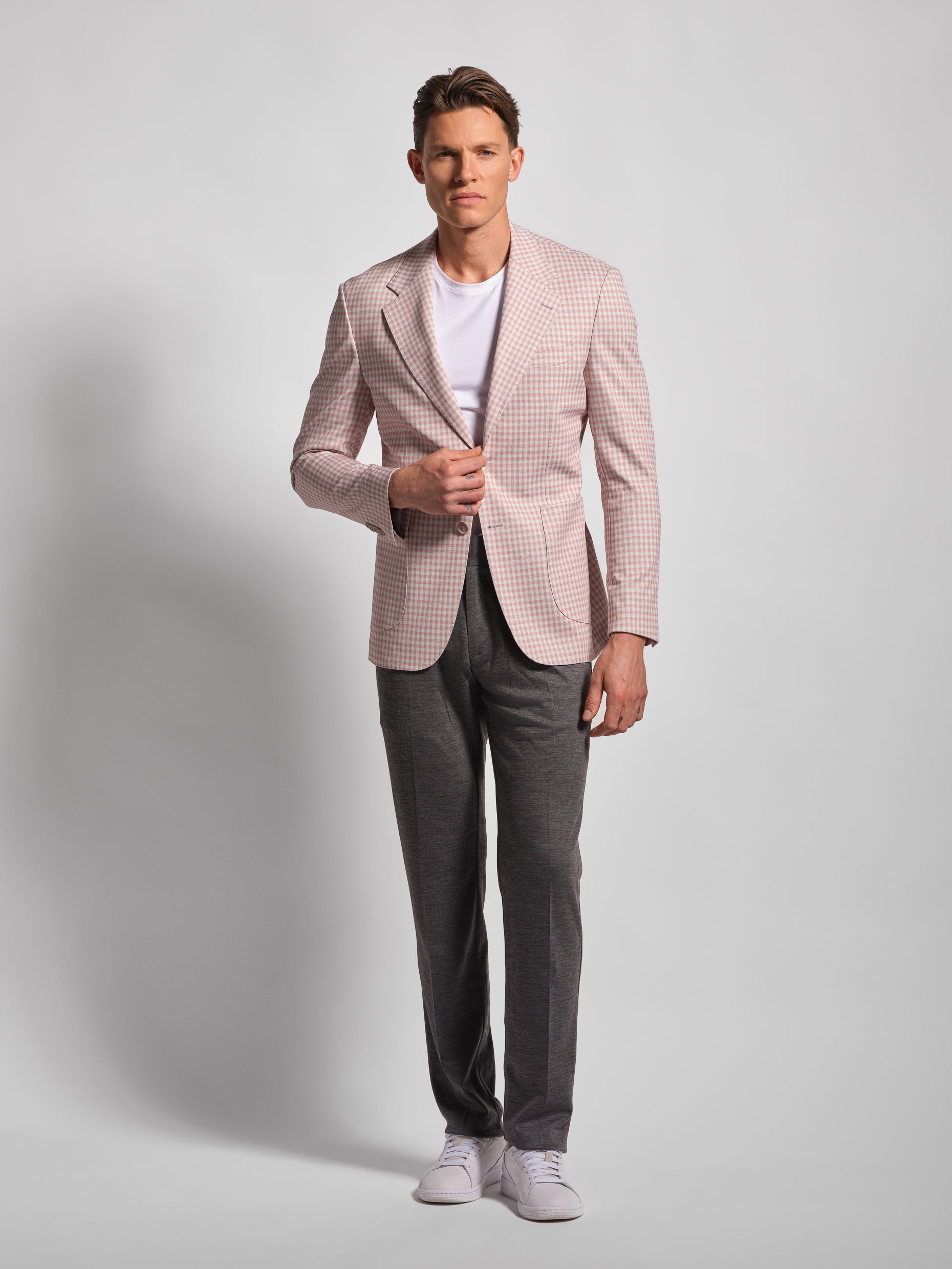 Pink small multi-check stretch cotton blend jersey