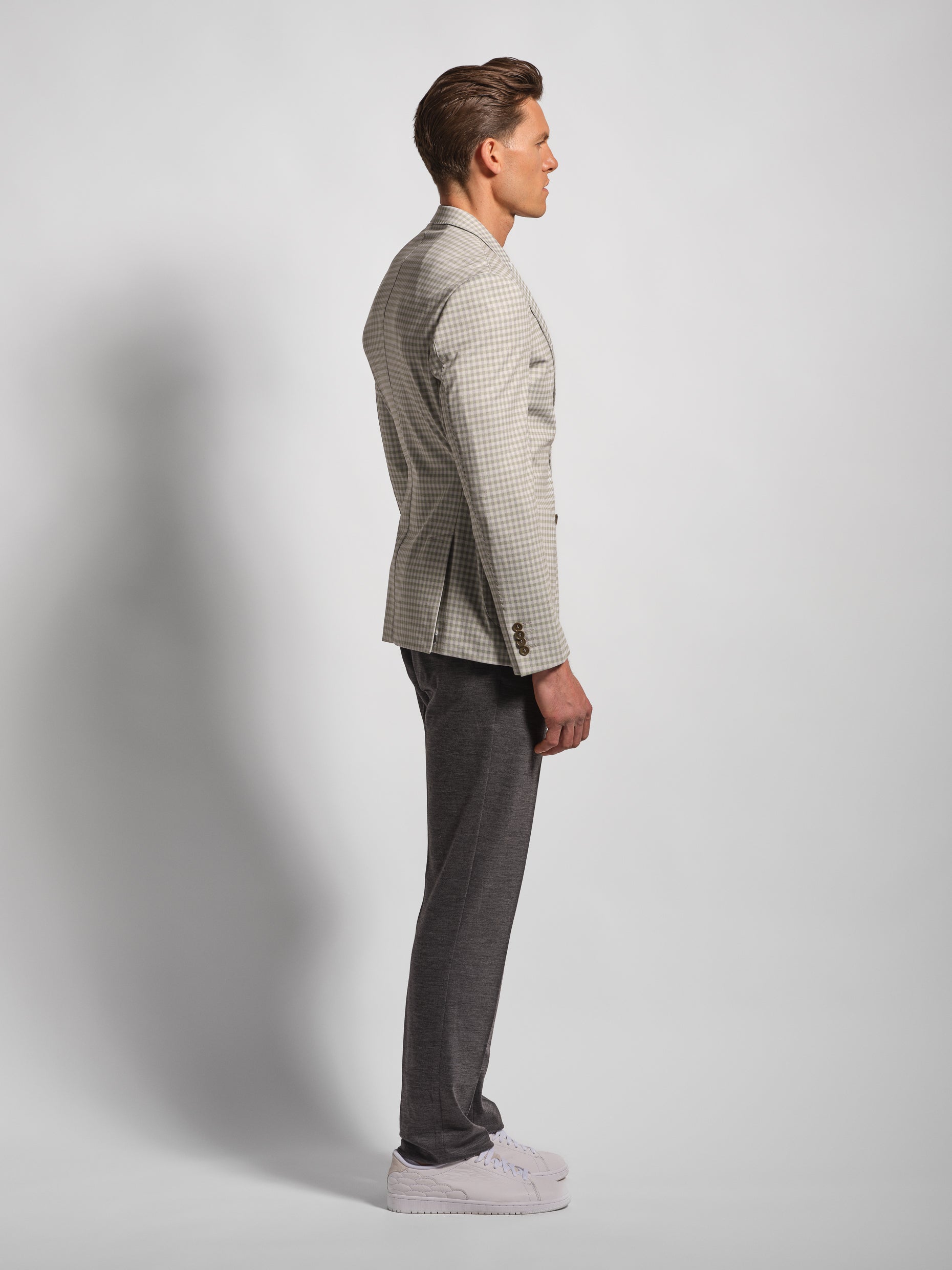 green small multi-check stretch cotton blend jersey blazer, man wears sheep