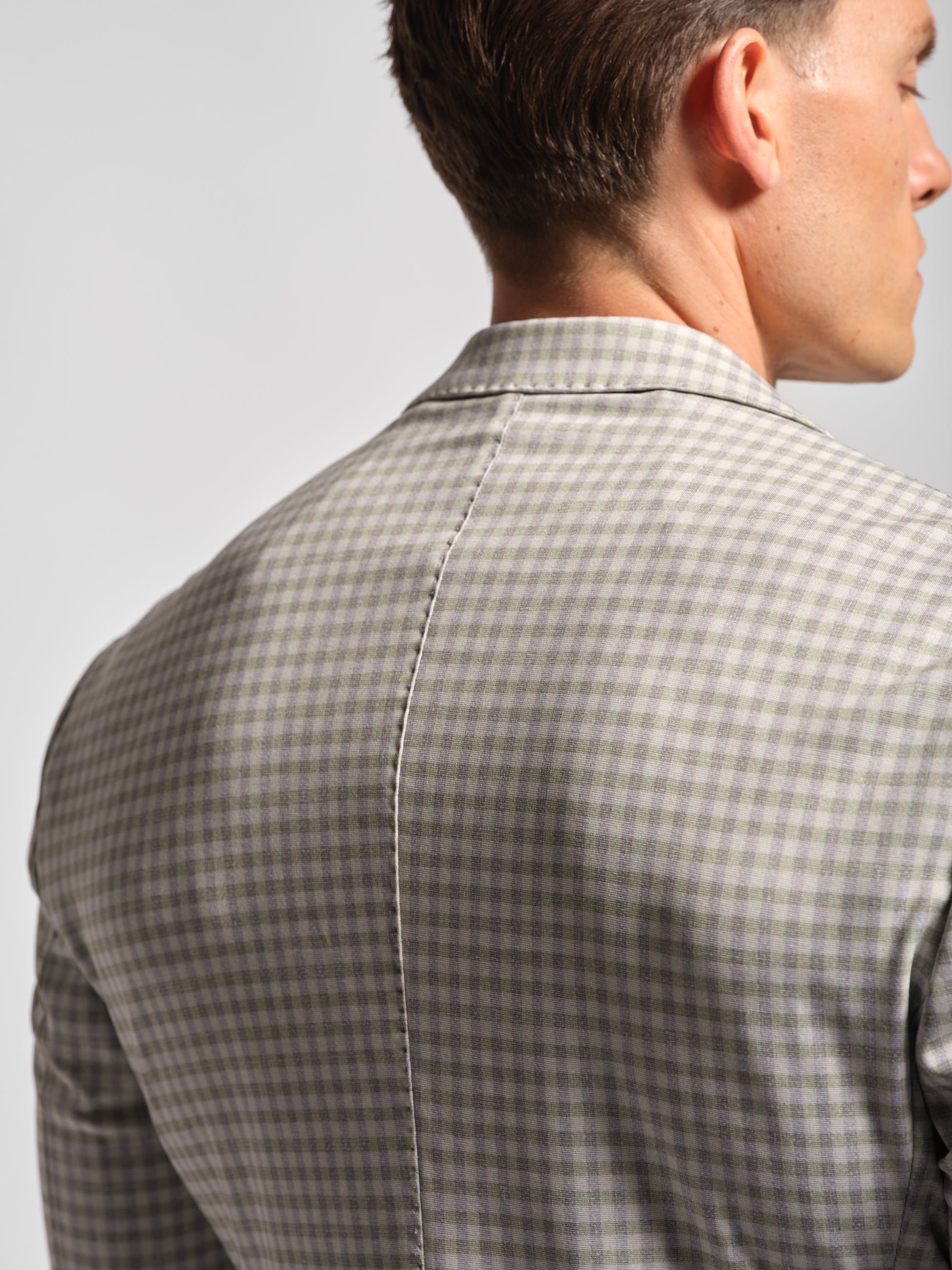 back of man back view green small multi-check stretch jersey blazer