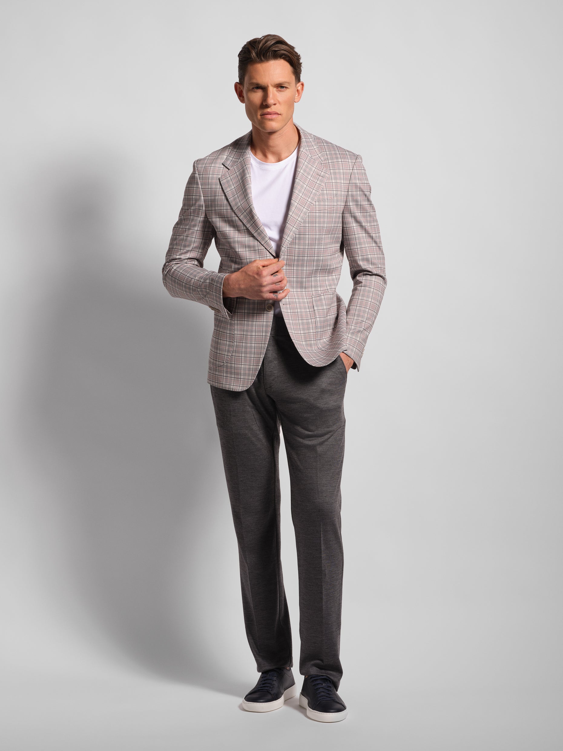 front view grey check multi-colored jersey blazer double vents