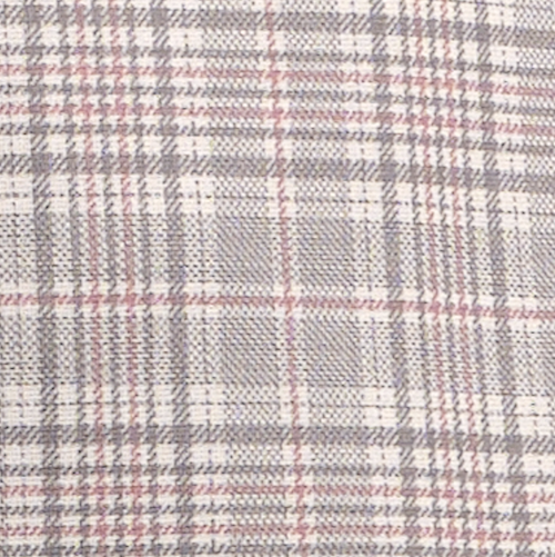 Close-up of a plaid fabric with gray, pink, and white colors.