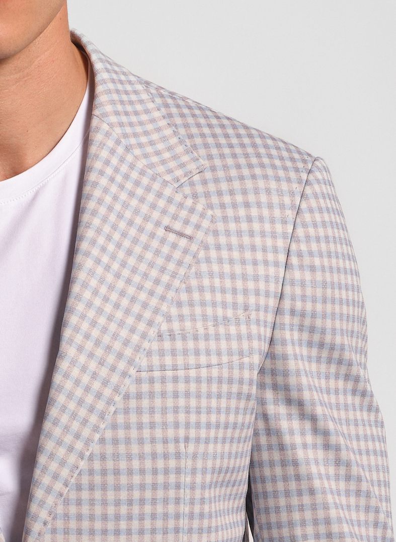 wide notch Small multi-check stretch cotton blend jersey fabric close-up