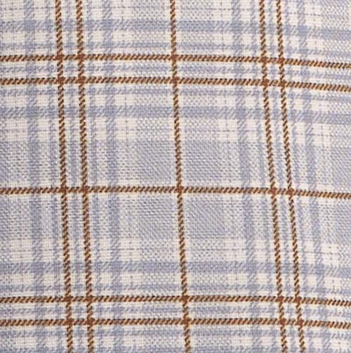 Close-up of a fabric with a plaid pattern featuring blue and brown colors.