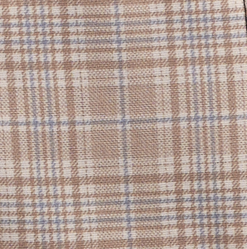 Close-up of a plaid fabric with brown, blue, and beige colors.